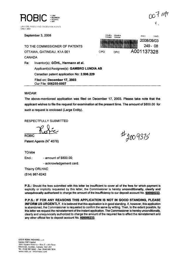 Document de brevet canadien 2506229. Poursuite-Amendment 20080903. Image 1 de 1