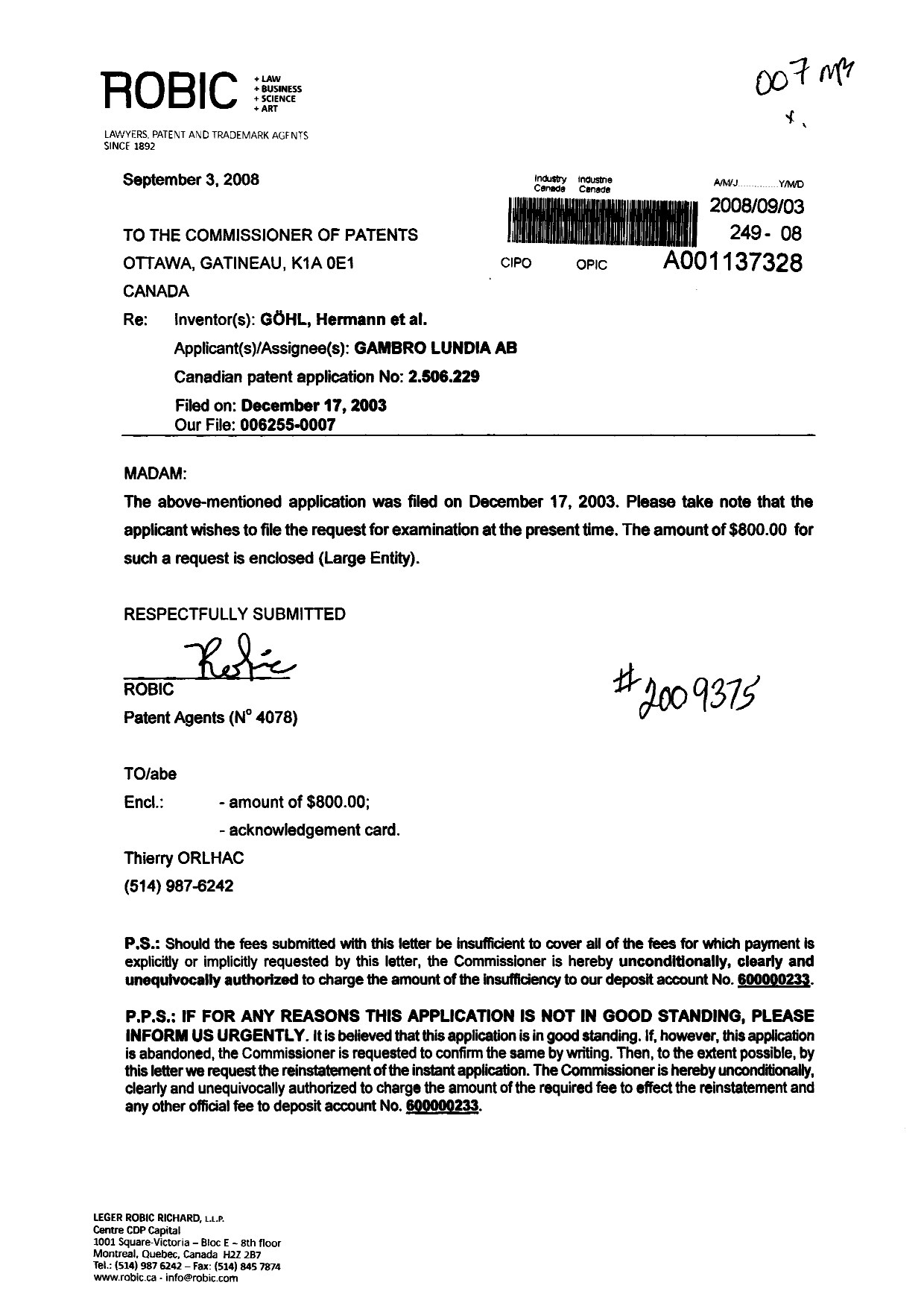 Canadian Patent Document 2506229. Prosecution-Amendment 20080903. Image 1 of 1