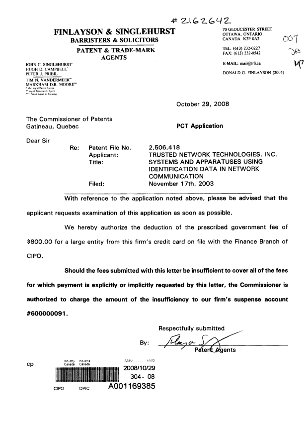 Document de brevet canadien 2506418. Poursuite-Amendment 20081029. Image 1 de 1