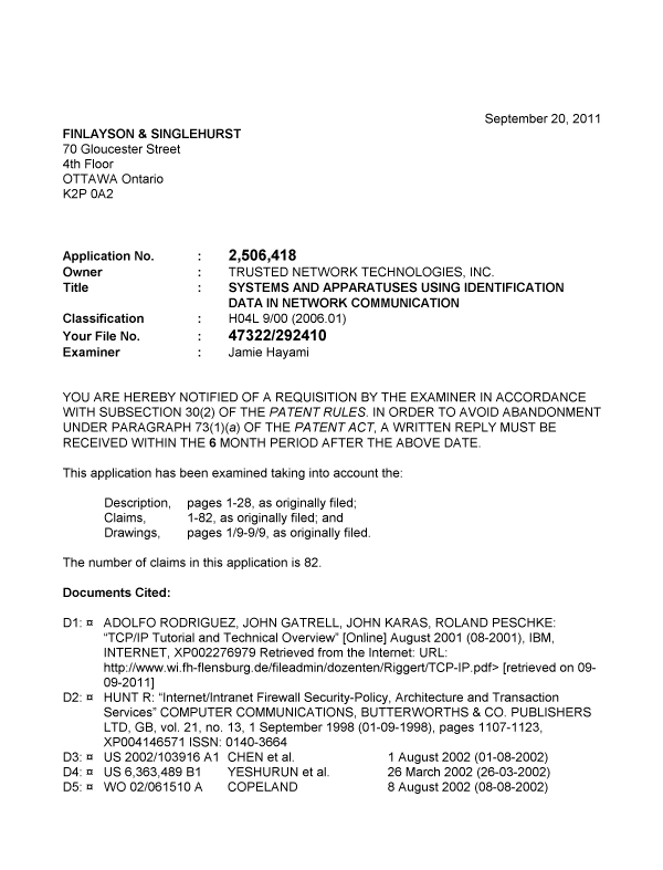 Document de brevet canadien 2506418. Poursuite-Amendment 20110920. Image 1 de 4