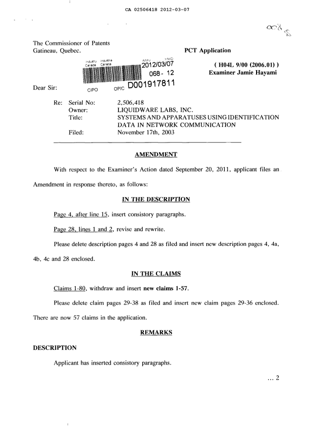 Canadian Patent Document 2506418. Prosecution-Amendment 20120307. Image 1 of 16