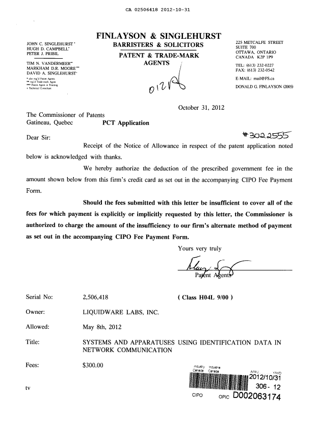 Document de brevet canadien 2506418. Correspondance 20121031. Image 1 de 1