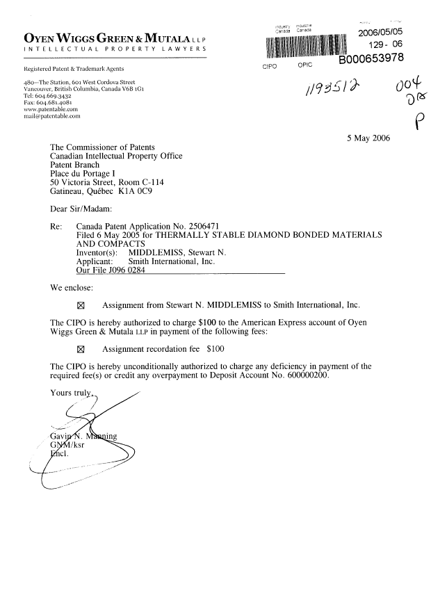 Document de brevet canadien 2506471. Cession 20060505. Image 1 de 3
