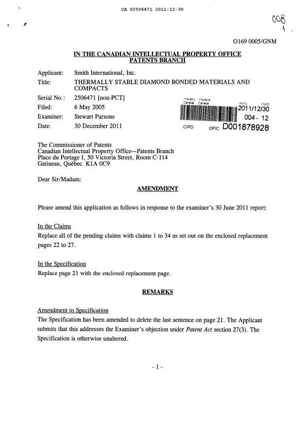 Canadian Patent Document 2506471. Prosecution-Amendment 20111230. Image 1 of 23