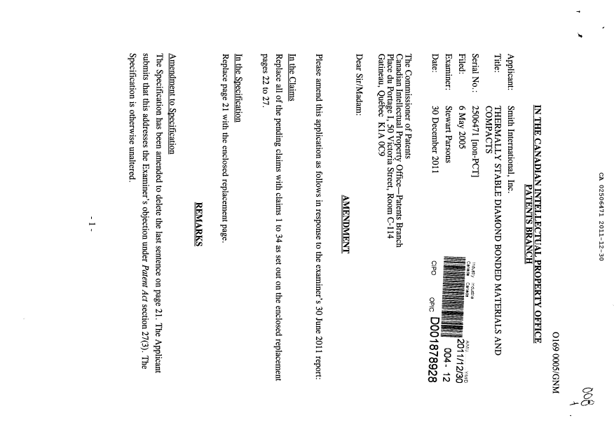 Canadian Patent Document 2506471. Prosecution-Amendment 20111230. Image 1 of 23