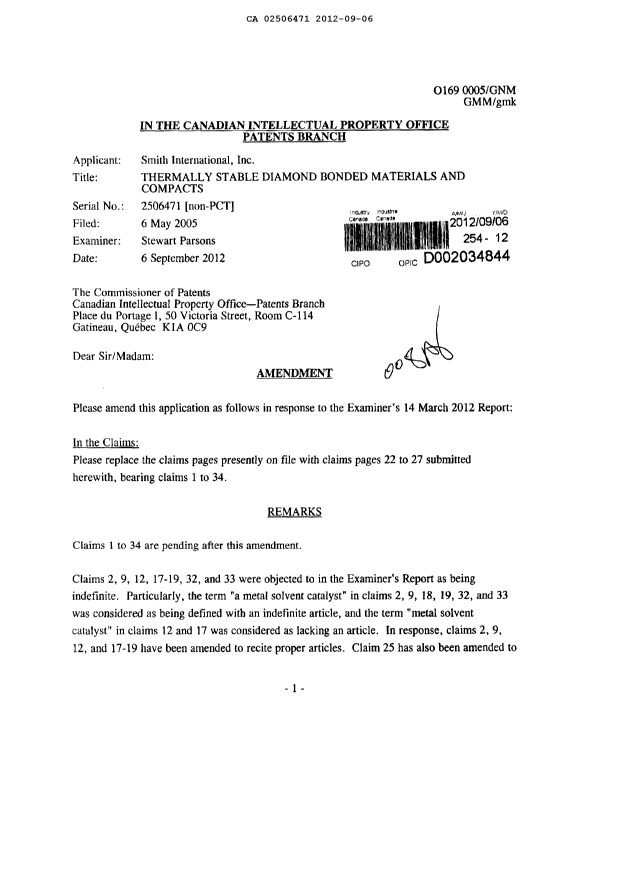 Document de brevet canadien 2506471. Poursuite-Amendment 20120906. Image 1 de 9