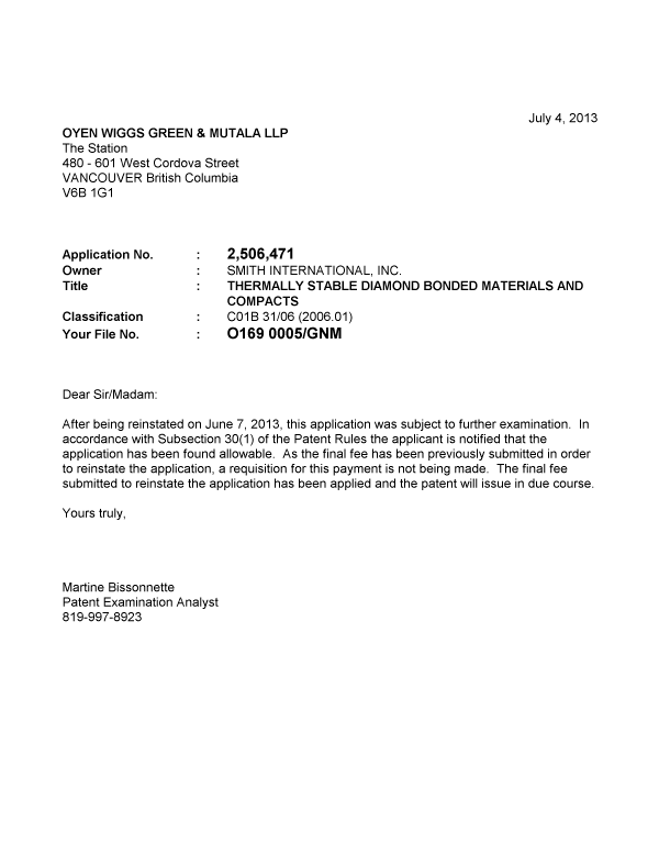 Document de brevet canadien 2506471. Poursuite-Amendment 20130704. Image 1 de 1