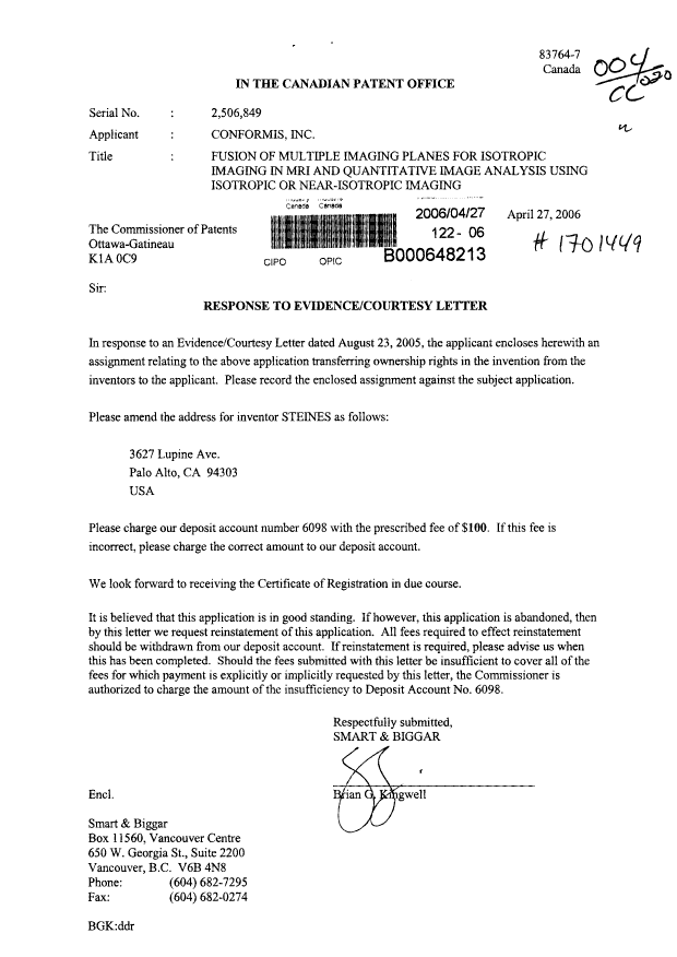 Document de brevet canadien 2506849. Correspondance 20051227. Image 1 de 1