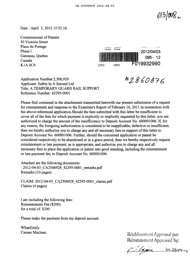 Document de brevet canadien 2506928. Poursuite-Amendment 20120403. Image 1 de 16
