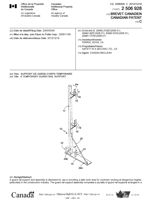 Document de brevet canadien 2506928. Page couverture 20121121. Image 1 de 2