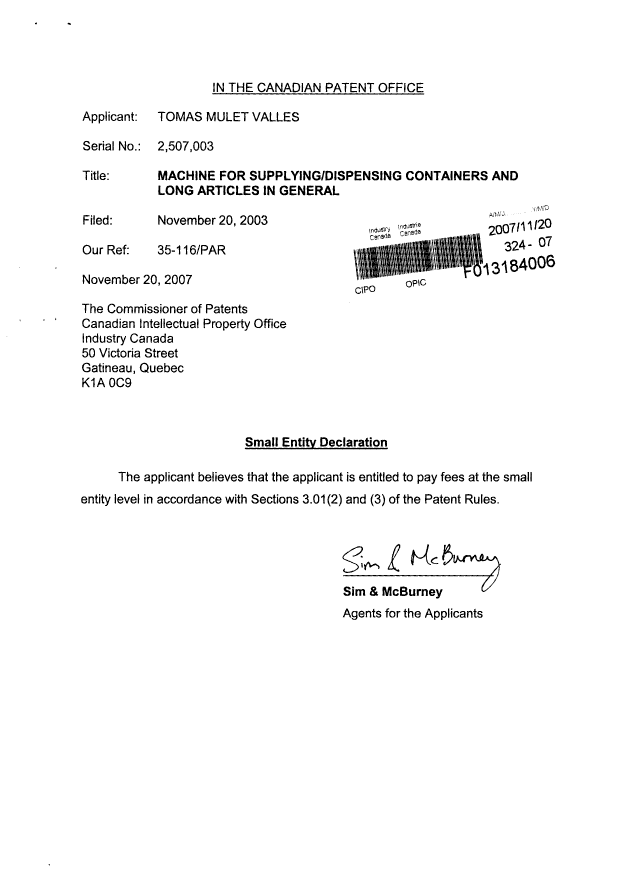 Canadian Patent Document 2507003. Correspondence 20071120. Image 1 of 1
