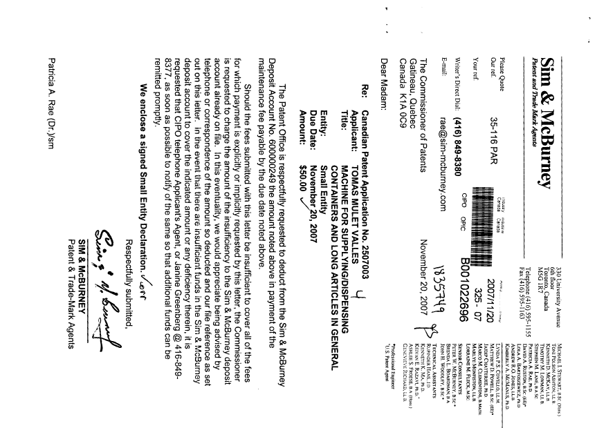 Canadian Patent Document 2507003. Fees 20071120. Image 1 of 1