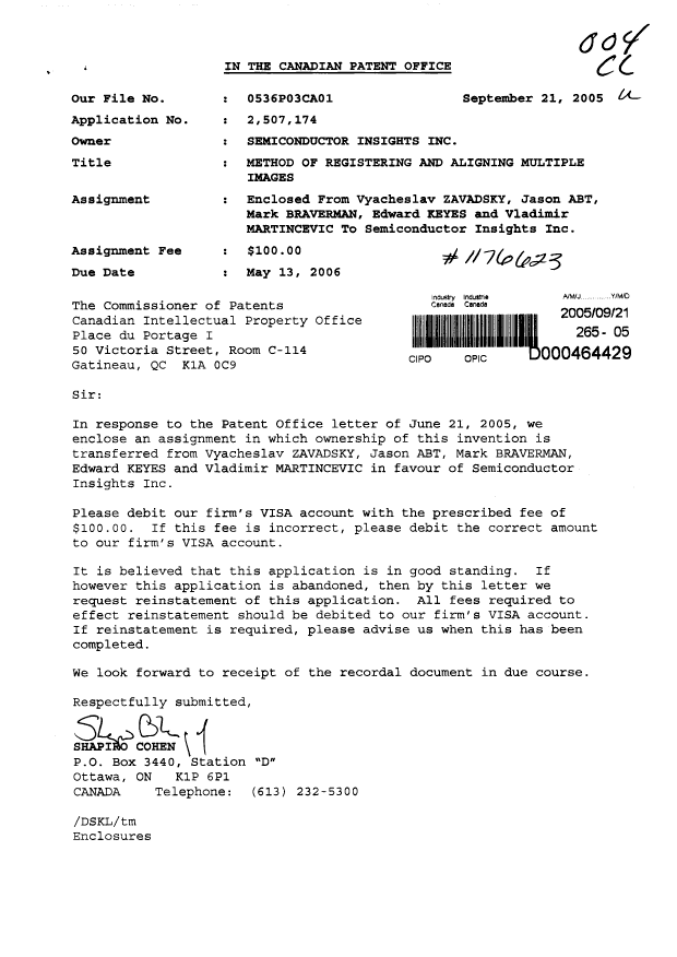Document de brevet canadien 2507174. Cession 20050921. Image 1 de 3