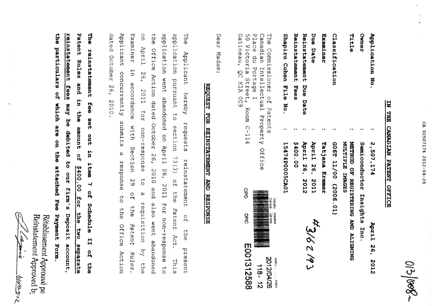 Canadian Patent Document 2507174. Prosecution-Amendment 20120426. Image 1 of 28
