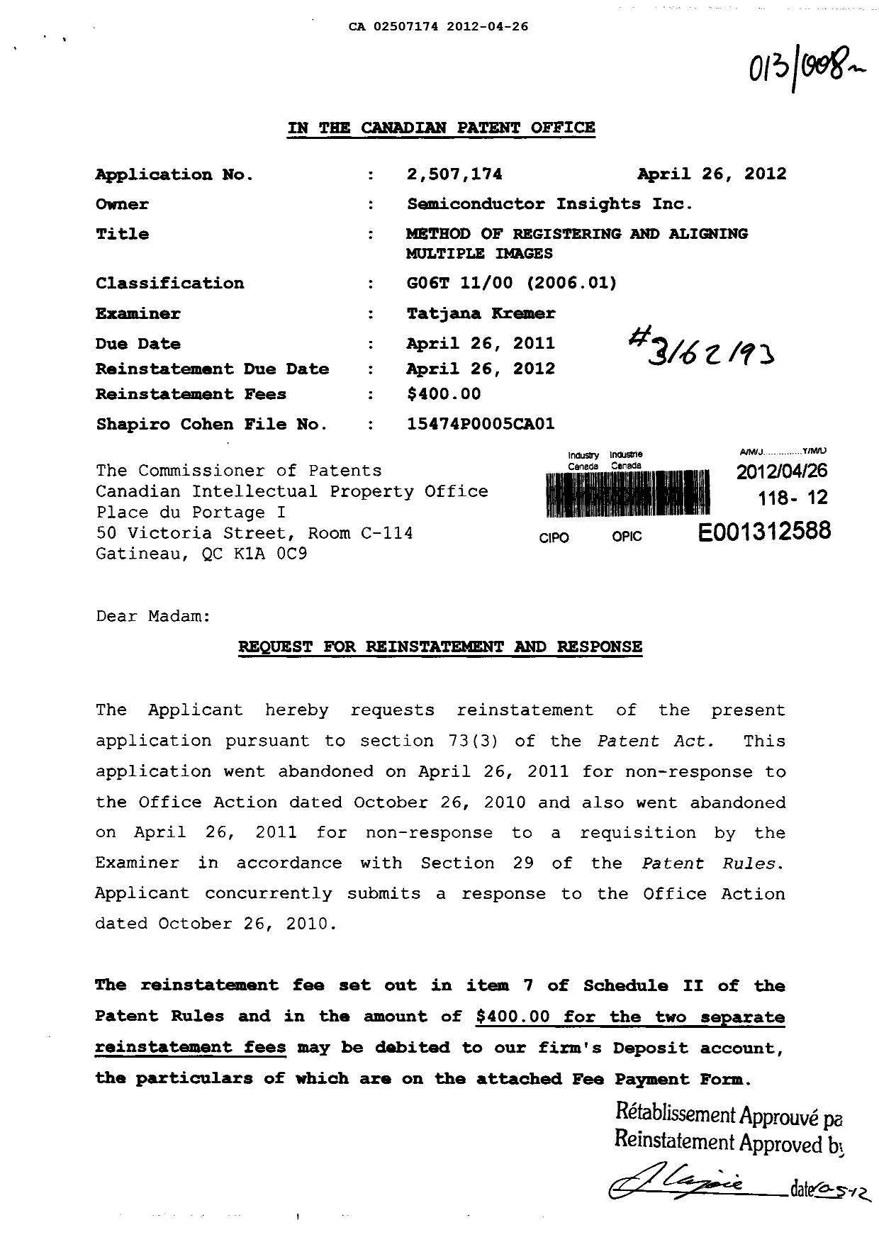 Canadian Patent Document 2507174. Prosecution-Amendment 20120426. Image 1 of 28