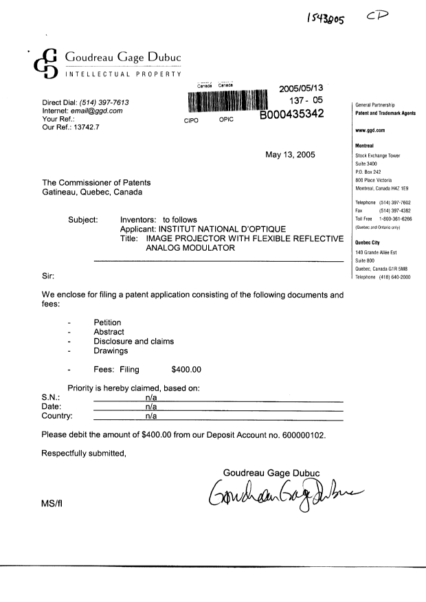 Document de brevet canadien 2507177. Cession 20050513. Image 1 de 3