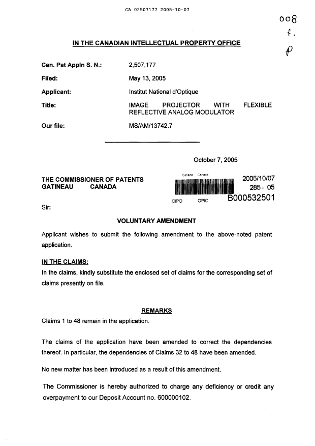 Document de brevet canadien 2507177. Poursuite-Amendment 20051007. Image 1 de 10