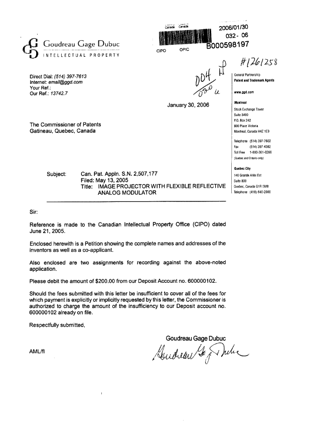 Document de brevet canadien 2507177. Cession 20060130. Image 1 de 5