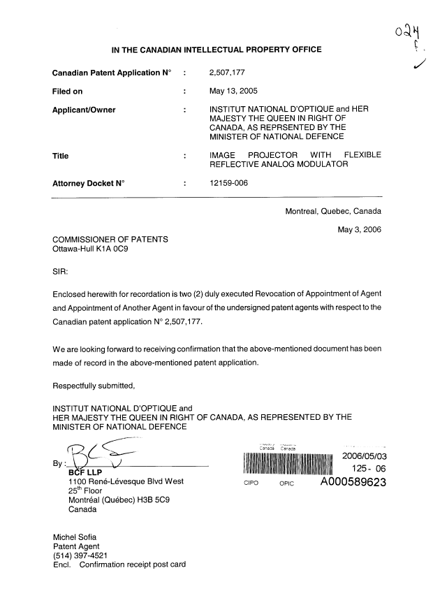 Document de brevet canadien 2507177. Correspondance 20060503. Image 1 de 3