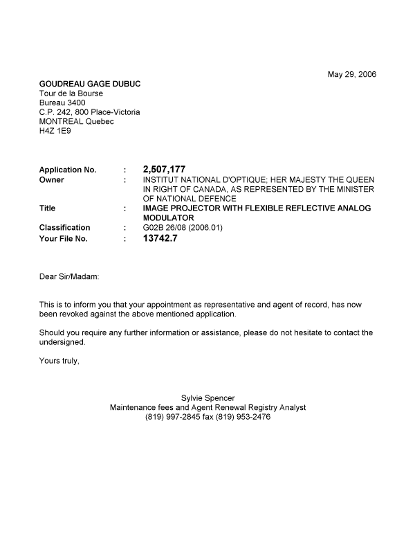 Document de brevet canadien 2507177. Correspondance 20060529. Image 1 de 1
