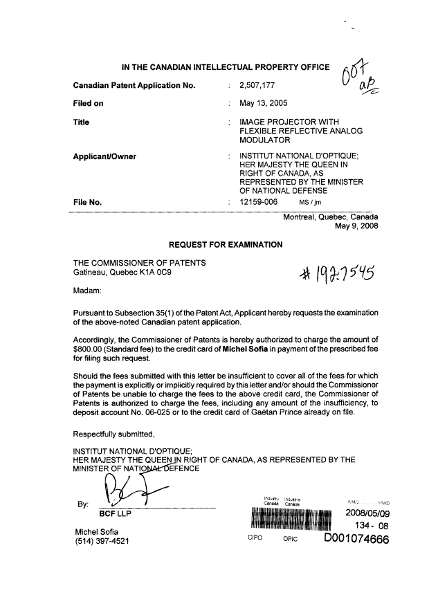 Document de brevet canadien 2507177. Poursuite-Amendment 20080509. Image 1 de 1