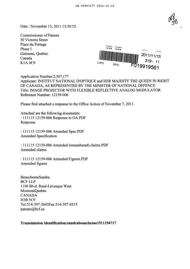 Document de brevet canadien 2507177. Poursuite-Amendment 20111115. Image 1 de 37