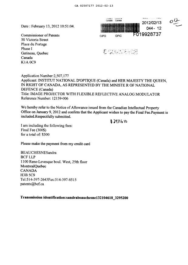 Document de brevet canadien 2507177. Correspondance 20120213. Image 1 de 1