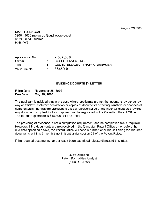 Canadian Patent Document 2507330. Correspondence 20050820. Image 1 of 1