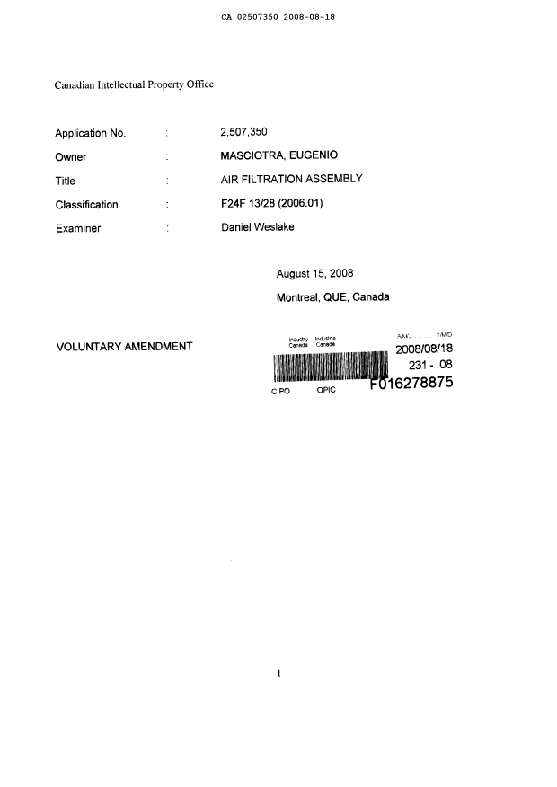 Document de brevet canadien 2507350. Poursuite-Amendment 20080818. Image 2 de 18