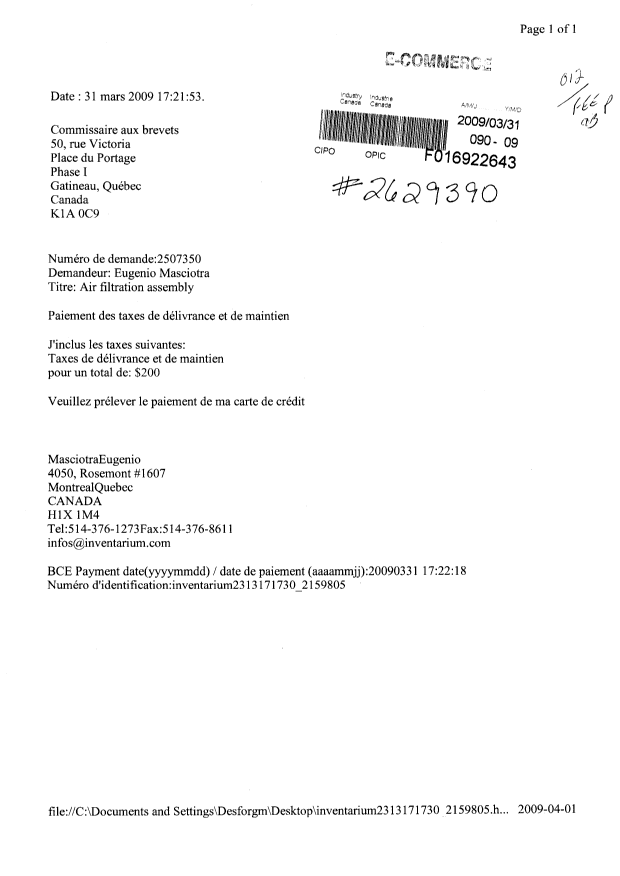 Document de brevet canadien 2507350. Taxes 20090331. Image 1 de 1