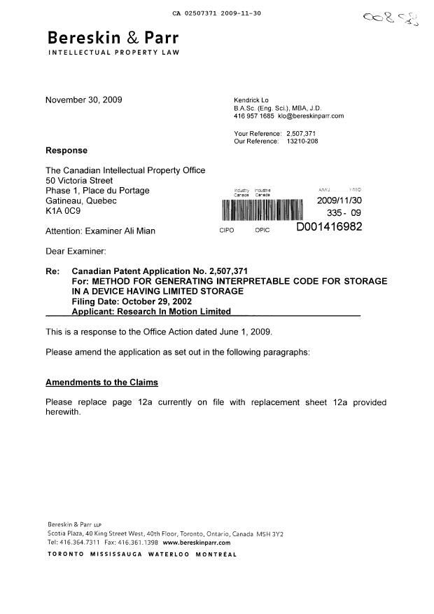 Canadian Patent Document 2507371. Prosecution-Amendment 20091130. Image 1 of 3