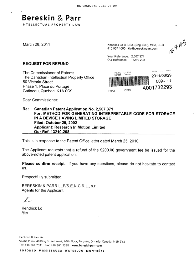 Canadian Patent Document 2507371. Prosecution-Amendment 20110329. Image 1 of 1