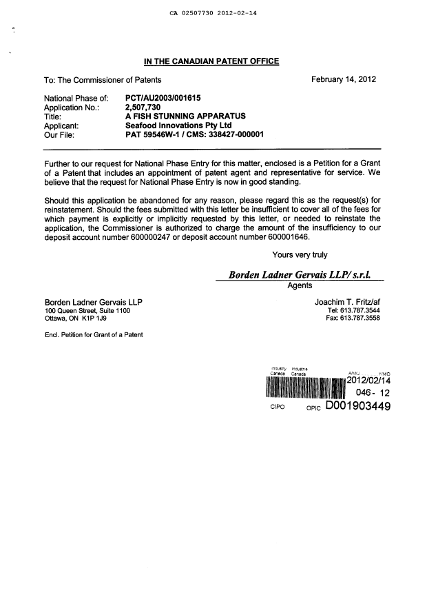 Document de brevet canadien 2507730. Correspondance 20120214. Image 1 de 3