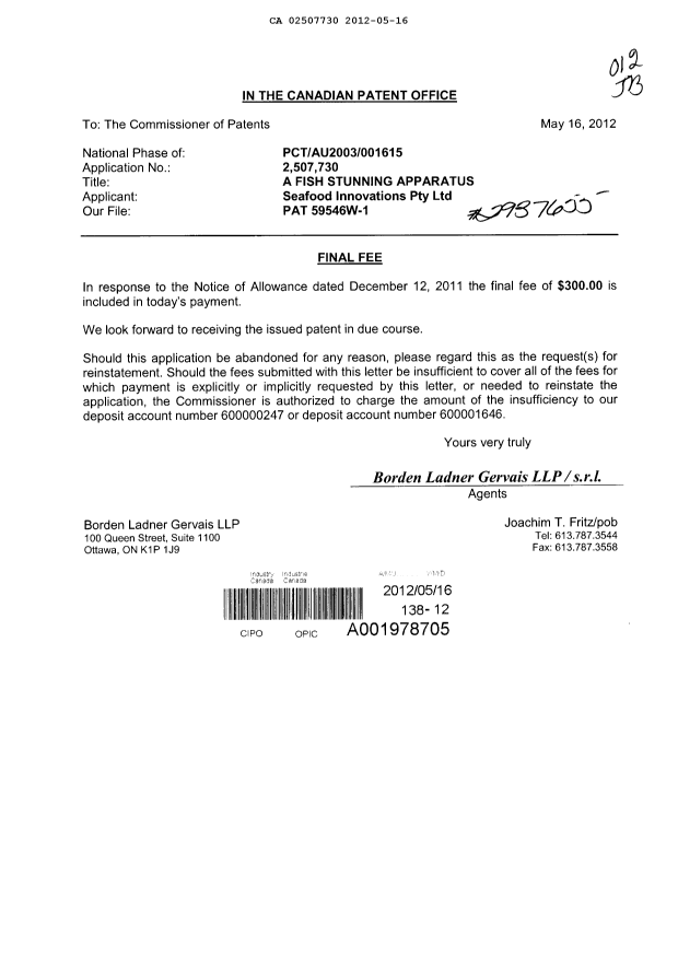 Document de brevet canadien 2507730. Correspondance 20120516. Image 1 de 1
