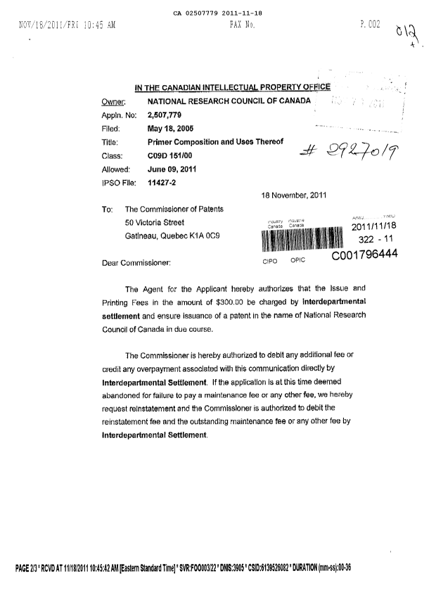 Canadian Patent Document 2507779. Correspondence 20111118. Image 1 of 3