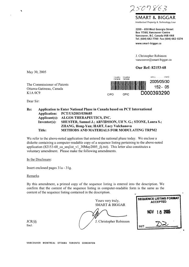 Canadian Patent Document 2507863. Prosecution-Amendment 20050530. Image 1 of 8