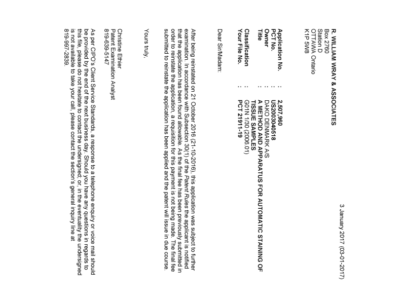 Document de brevet canadien 2507960. Correspondance 20170103. Image 1 de 1