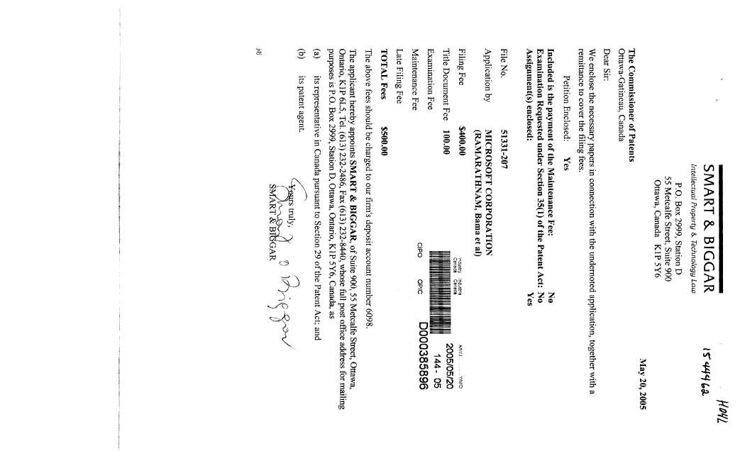 Document de brevet canadien 2508060. Cession 20050520. Image 1 de 8