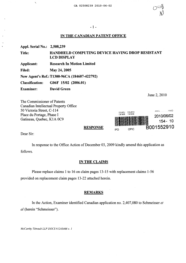 Canadian Patent Document 2508239. Prosecution-Amendment 20091202. Image 1 of 19