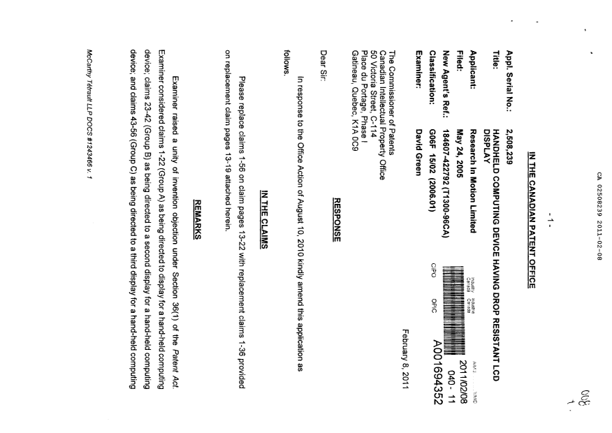 Canadian Patent Document 2508239. Prosecution-Amendment 20101208. Image 1 of 9