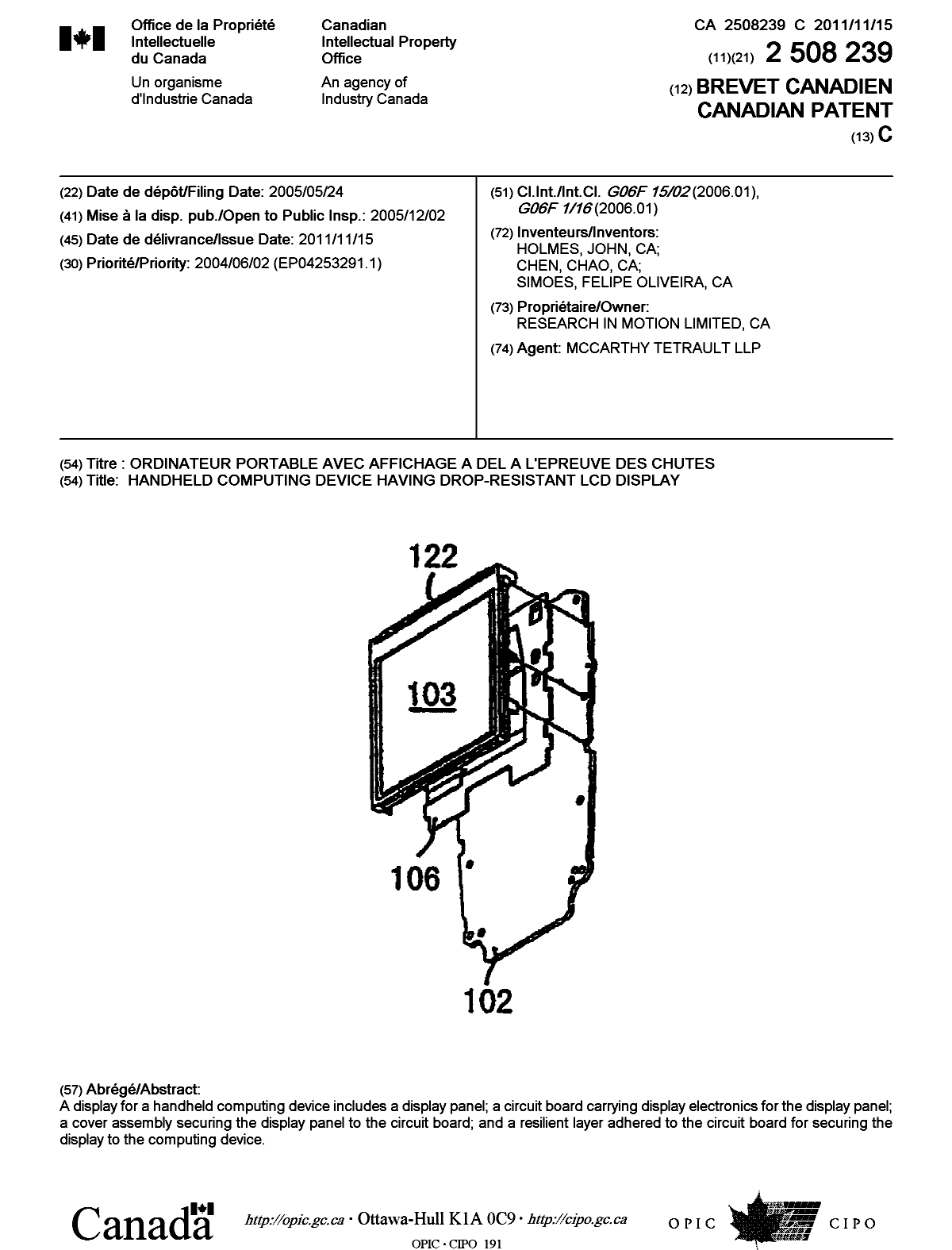Canadian Patent Document 2508239. Cover Page 20101212. Image 1 of 1