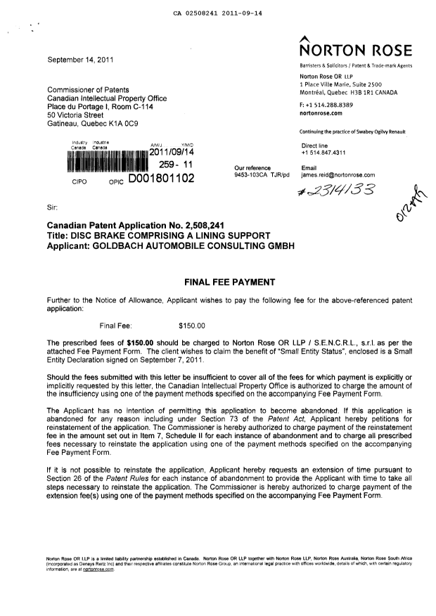 Canadian Patent Document 2508241. Correspondence 20110914. Image 1 of 3