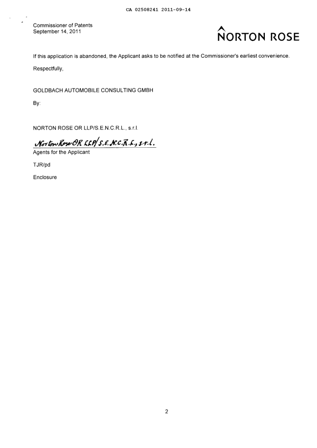 Canadian Patent Document 2508241. Correspondence 20110914. Image 2 of 3
