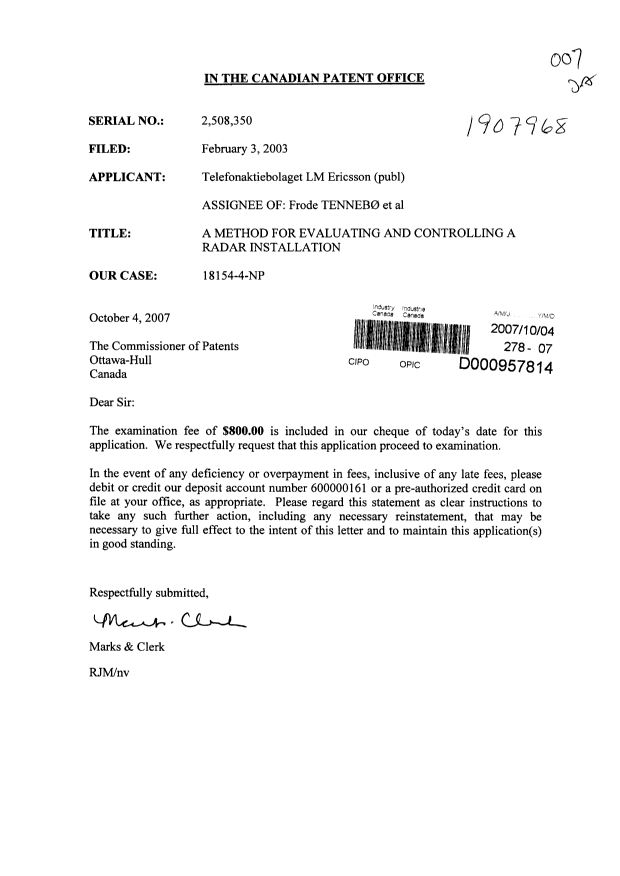 Canadian Patent Document 2508350. Prosecution-Amendment 20071004. Image 1 of 1