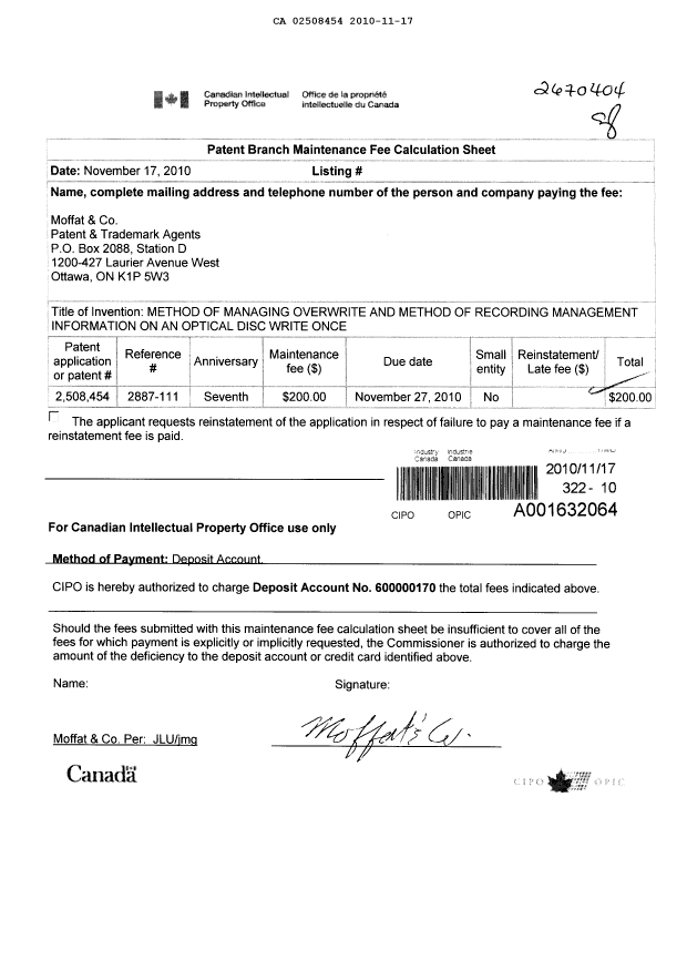 Canadian Patent Document 2508454. Fees 20101117. Image 1 of 1