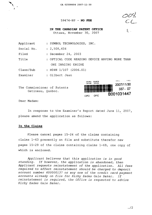 Canadian Patent Document 2508604. Prosecution-Amendment 20071130. Image 1 of 19