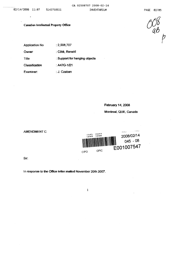 Document de brevet canadien 2508707. Poursuite-Amendment 20071214. Image 1 de 5