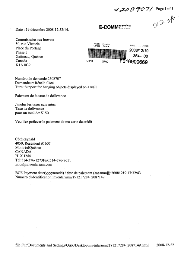 Document de brevet canadien 2508707. Correspondance 20071219. Image 1 de 1