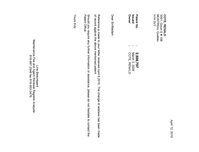 Document de brevet canadien 2508707. Correspondance 20091212. Image 1 de 1
