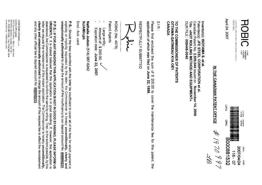 Canadian Patent Document 2509044. Fees 20070424. Image 1 of 1